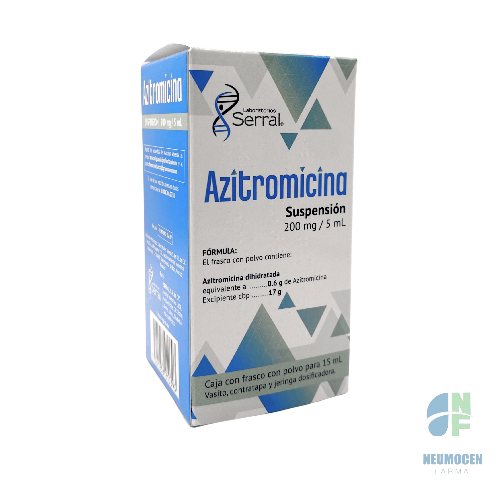 Caja con frasco con polvo para 15 ml y vaso, contratapa y jeringa dosificadora