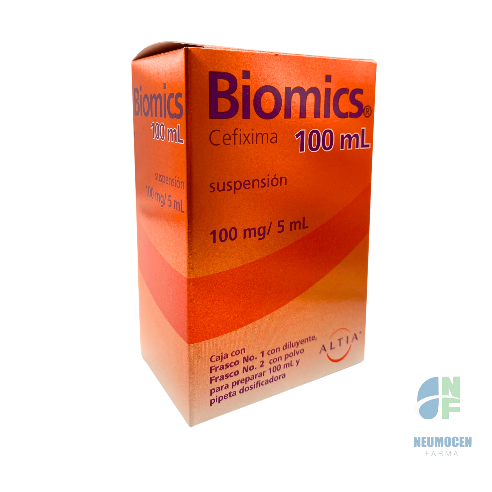 Caja con dos frascos: frasco 1 con diluyente y frasco 2 con polvo y pipeta dosificadora