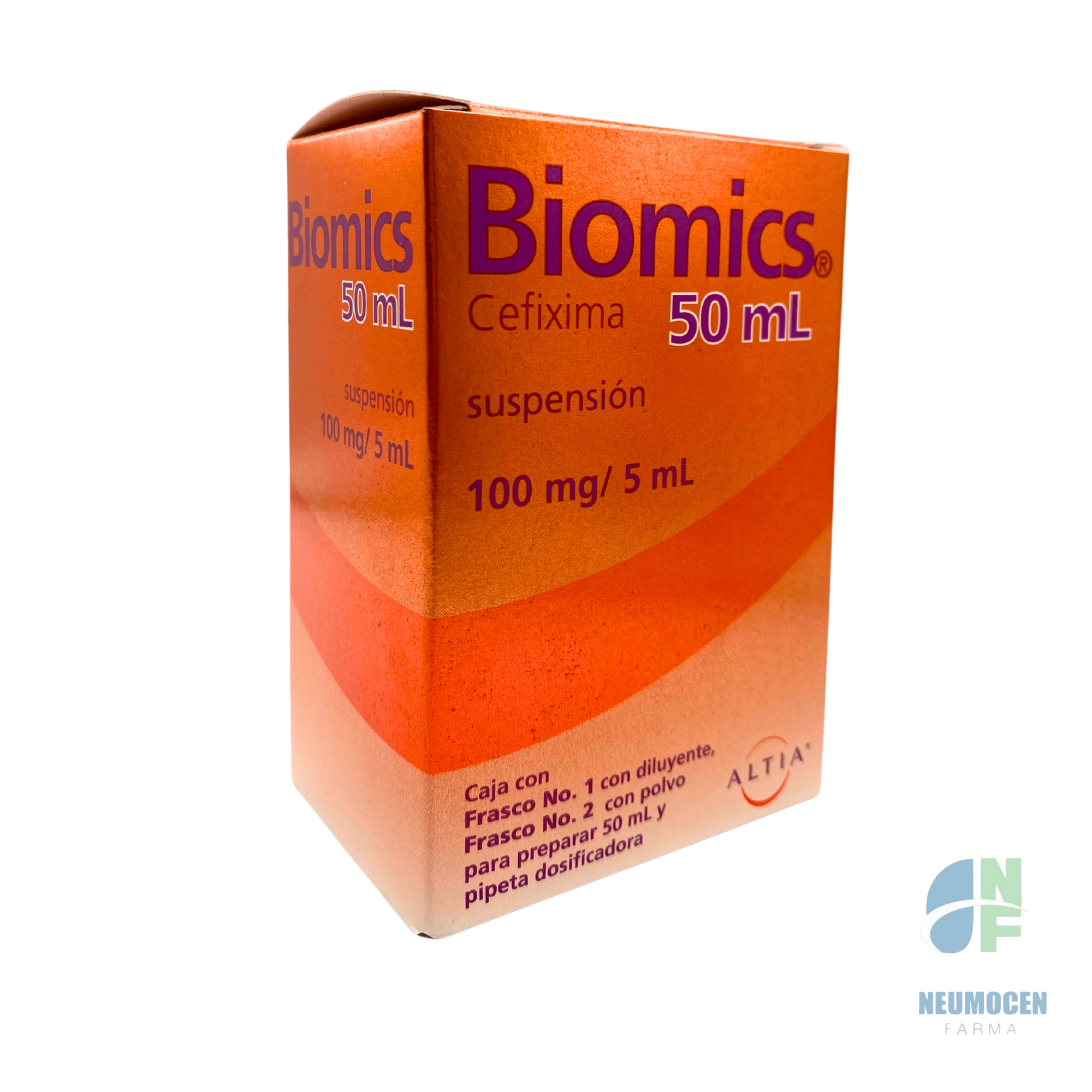 Caja con dos frascos: frasco 1 con diluyente y frasco 2 con polvo y pipeta dosificadora