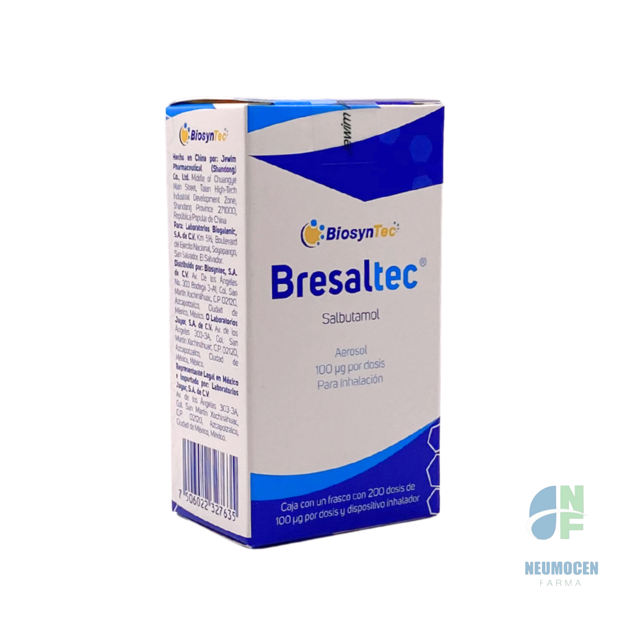 Caja con un frasco con 200 dosis de 100 ug por dosis y dispositivo inhalador