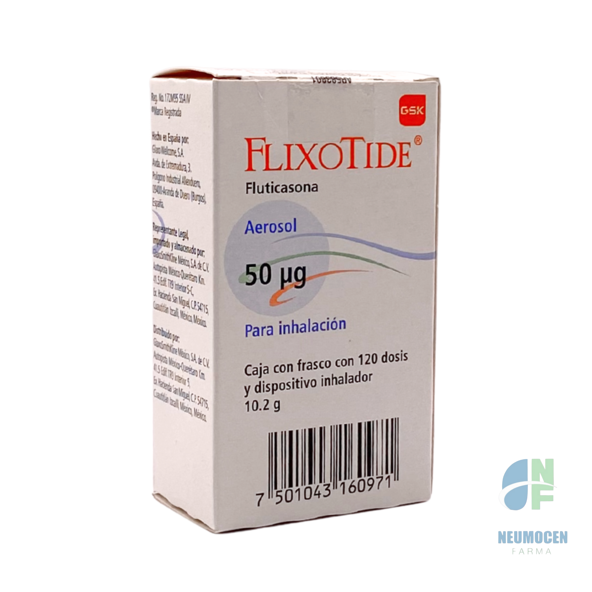 Caja con un frasco con 120 dosis y dispositivo inhalador 10.2 g