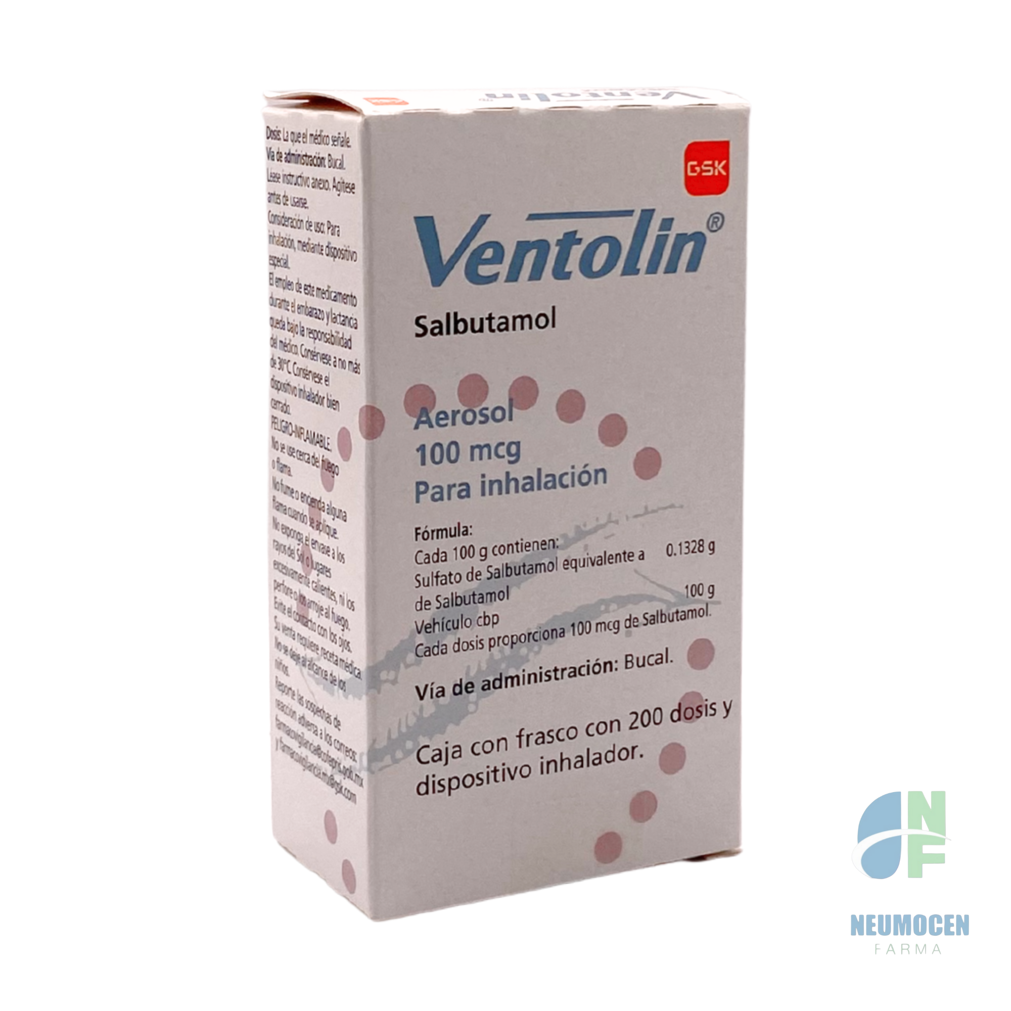 Caja con frasco con 200 dosis y dispositivo inhalador