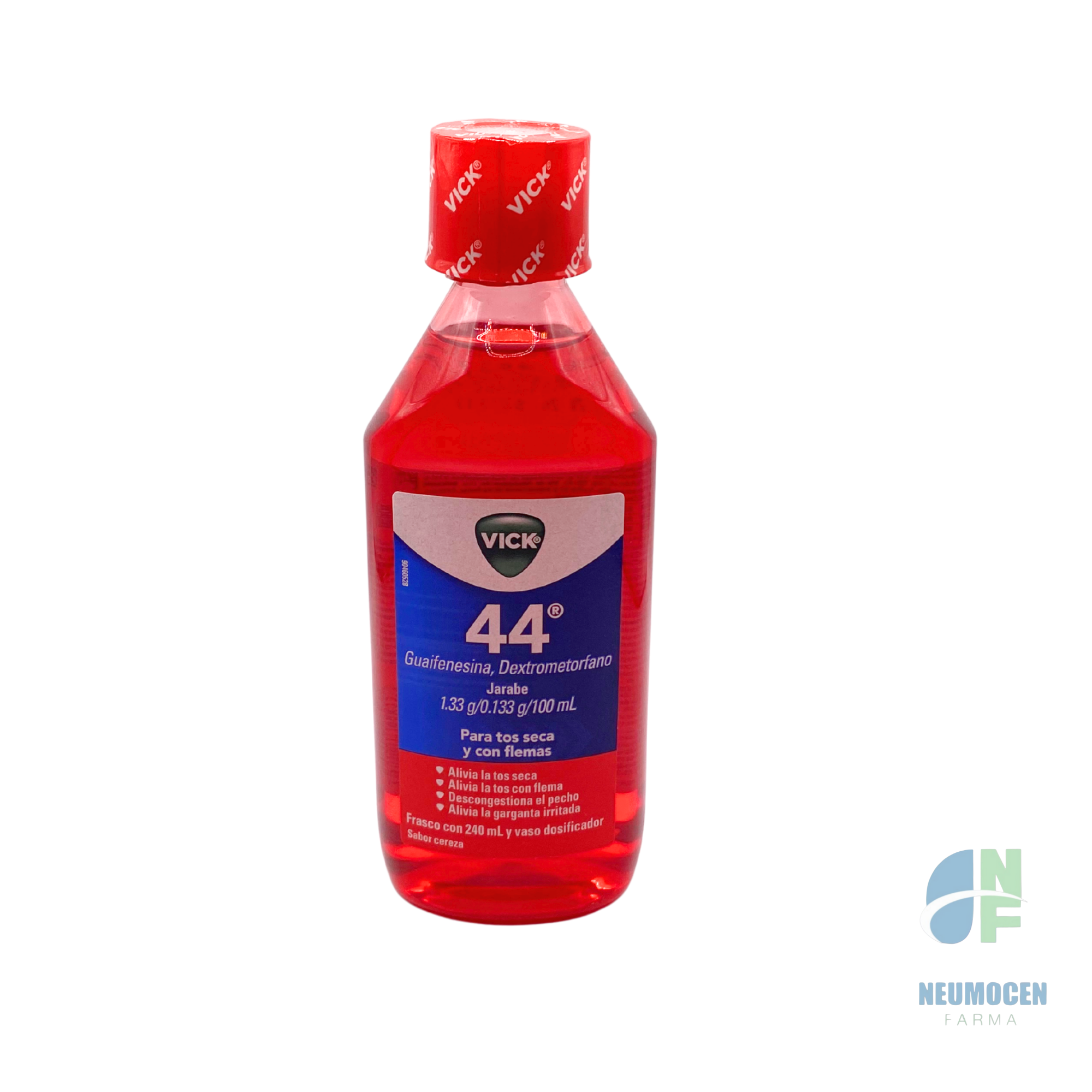 Frasco con 240 ml y vaso dosificador sabor cereza