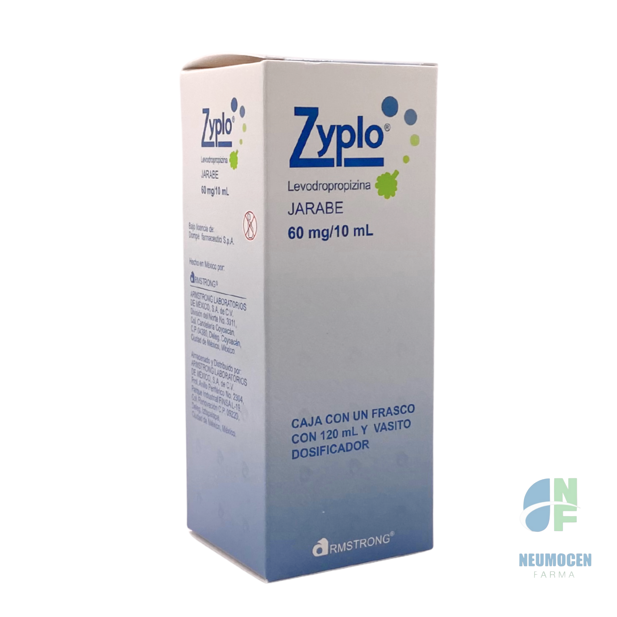 Caja con un frasco con 120 ml y vasito dosificador