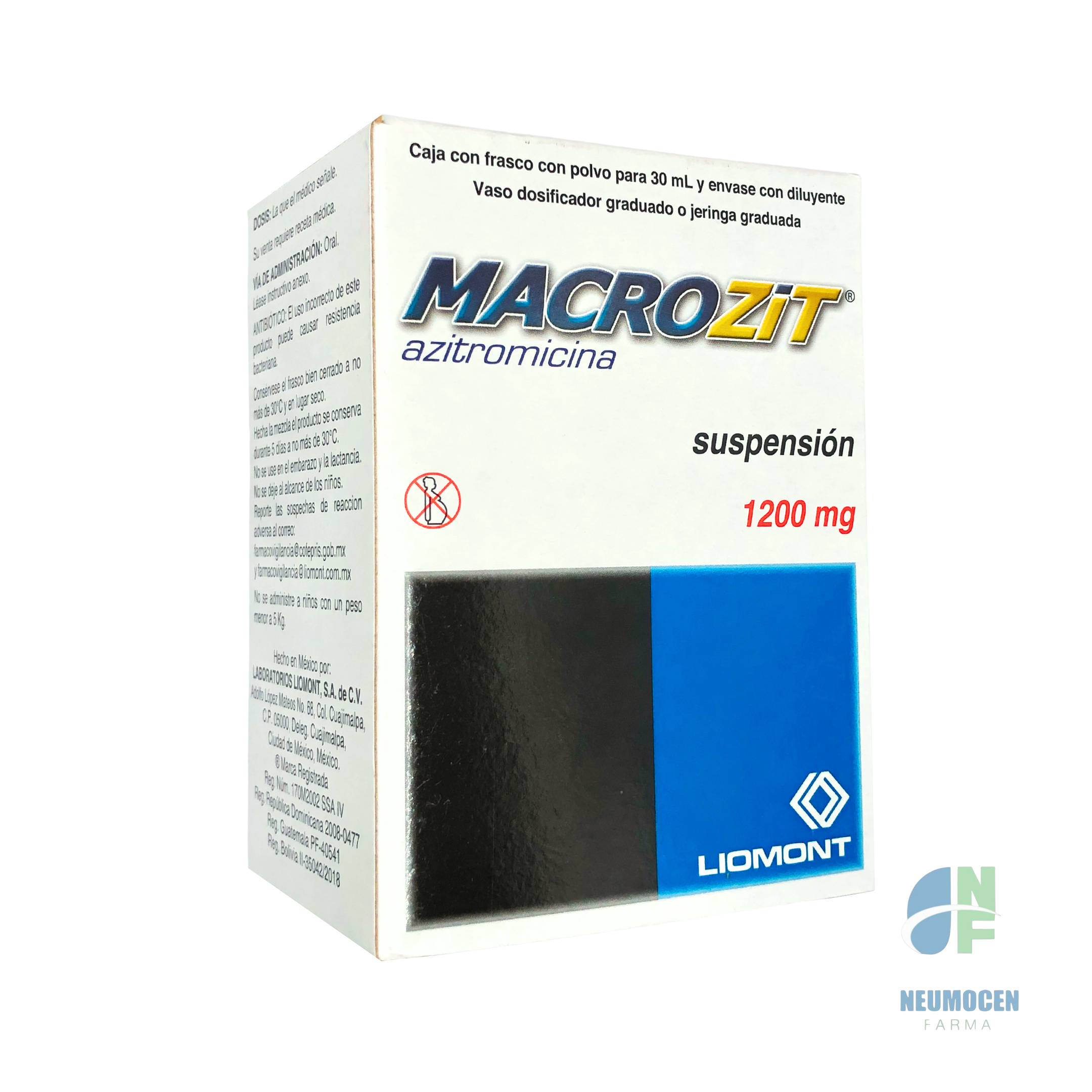 Caja con frasco con polvo para 30 ml y envase con diluyente, vaso dosificador graduado o jeringa graduada