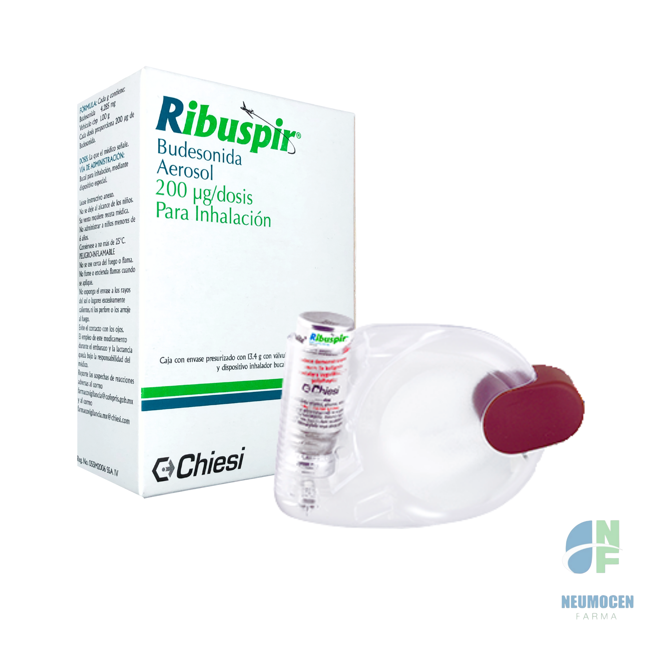 Caja con envase presurizado con 13.4 g con válvula dosificadora para 200 dosis y dispositivo inhalador bucal tipo JET