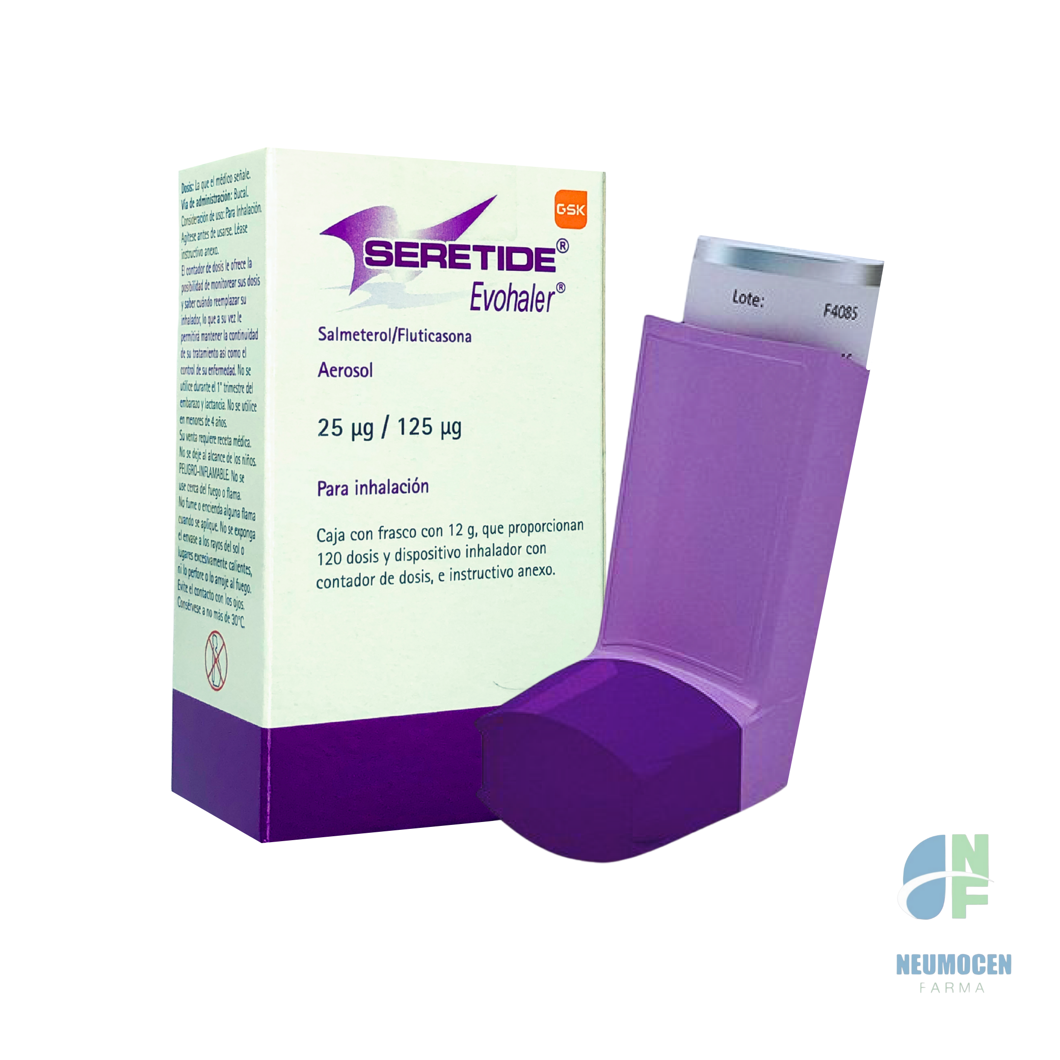 Caja con frasco con 12 g, que proporcionan 120 dosis y dispositivo inhalador con contador de dosis, e instructivo anexo