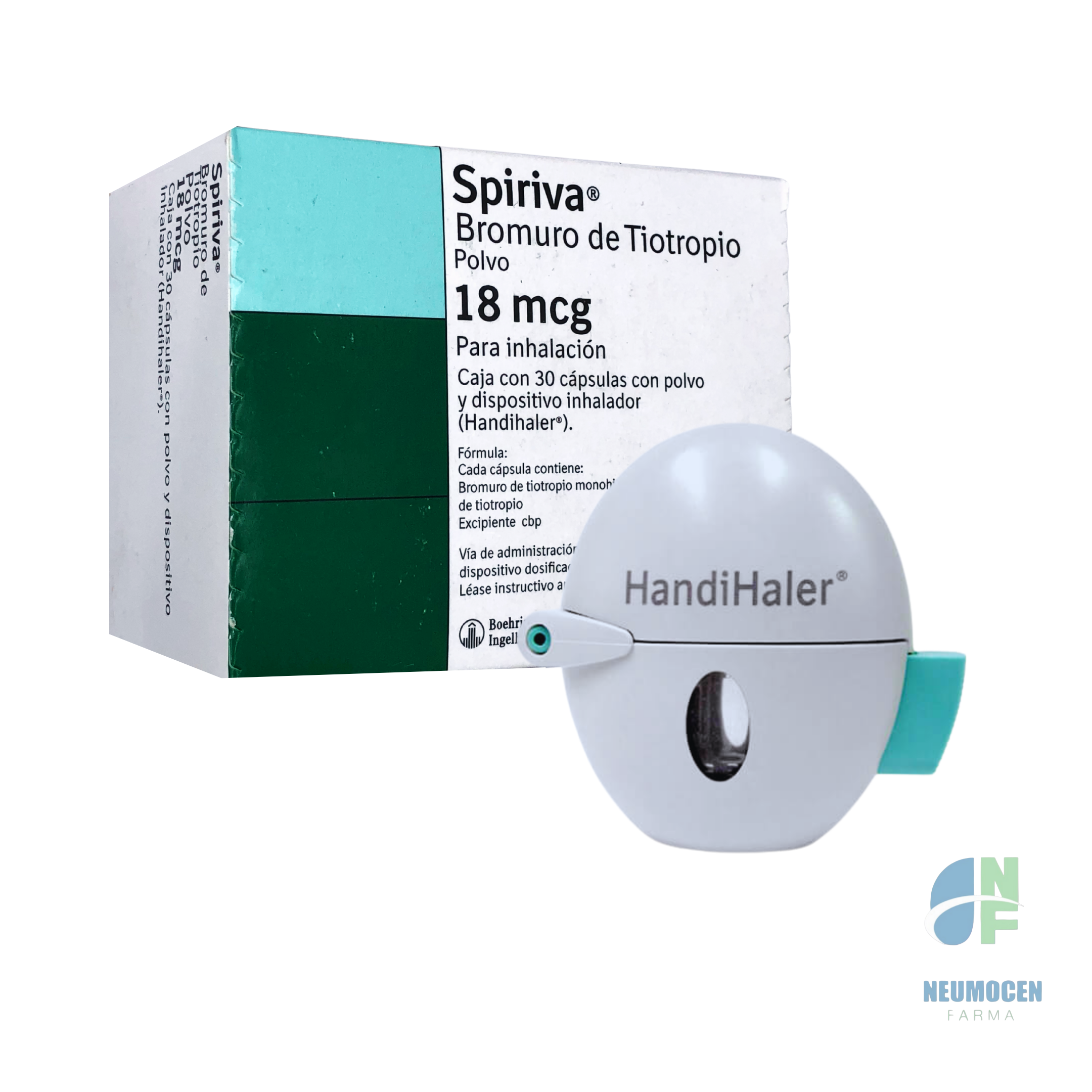 Caja con 30 cápsulas con polvo y dispositivo inhalador (Handihaler)