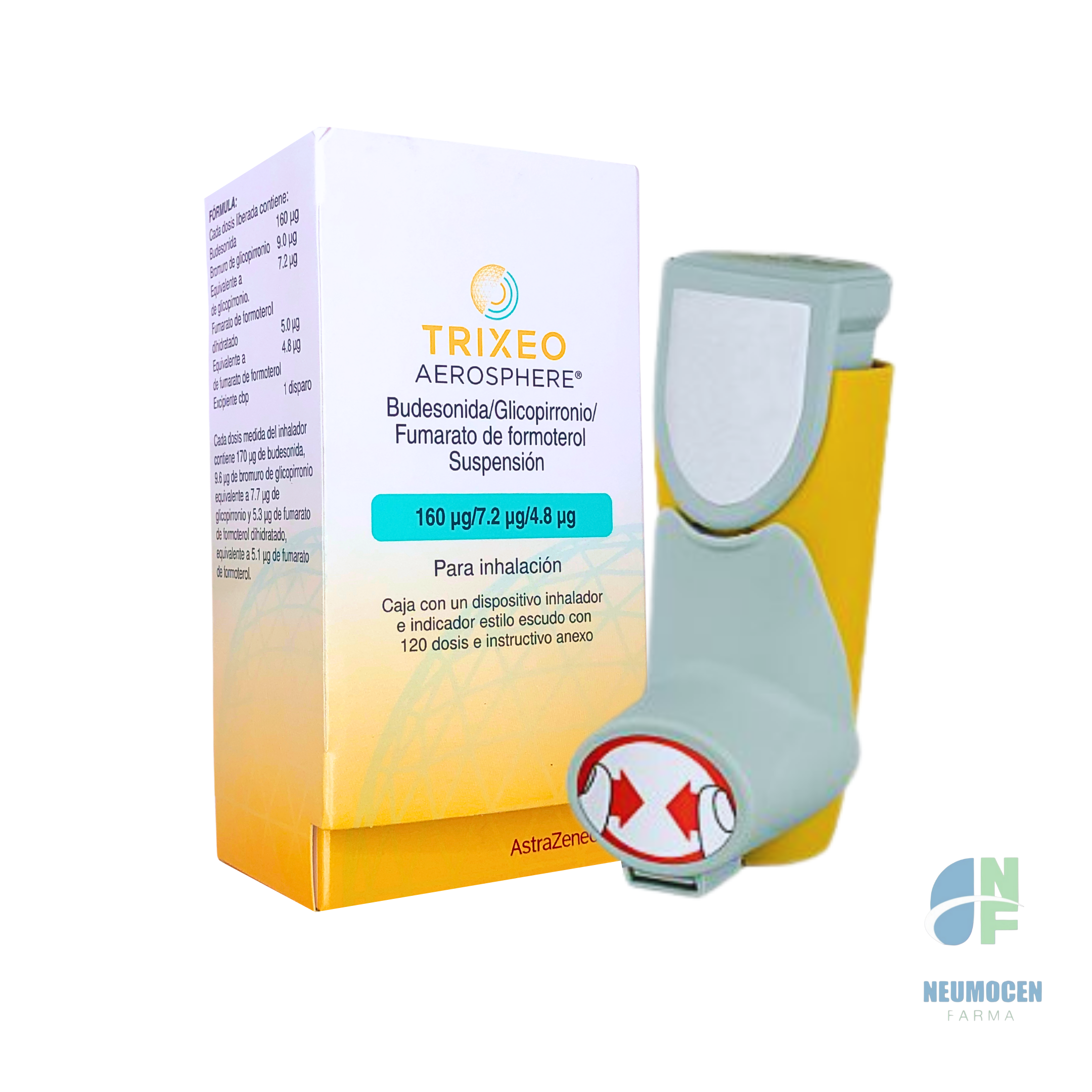 Caja con un dispositivo inhalador e indicador estilo escudo con 120 dosis e instructivo anexo