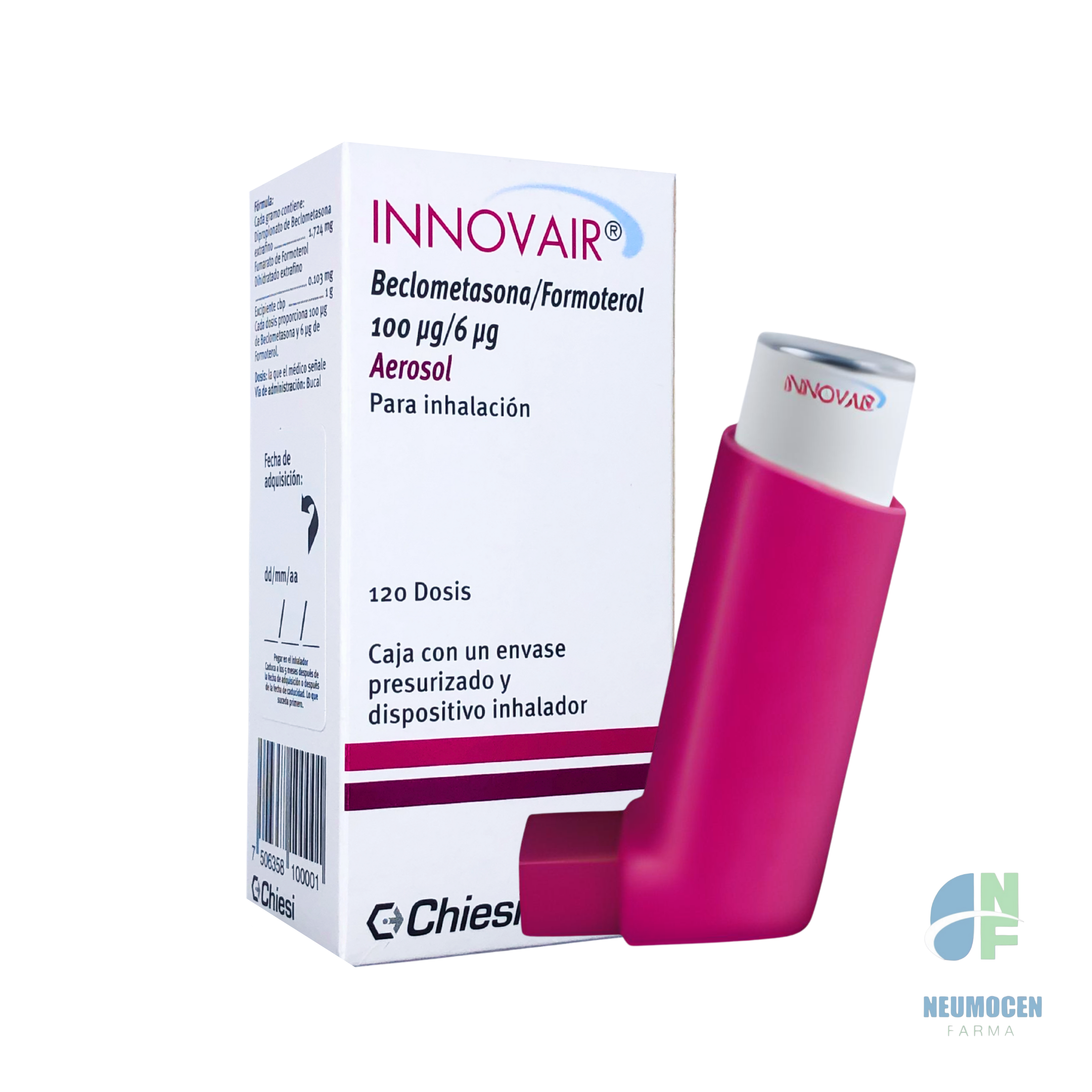 Caja con un envase presurizado para 120 dosis y un dispositivo inhalador