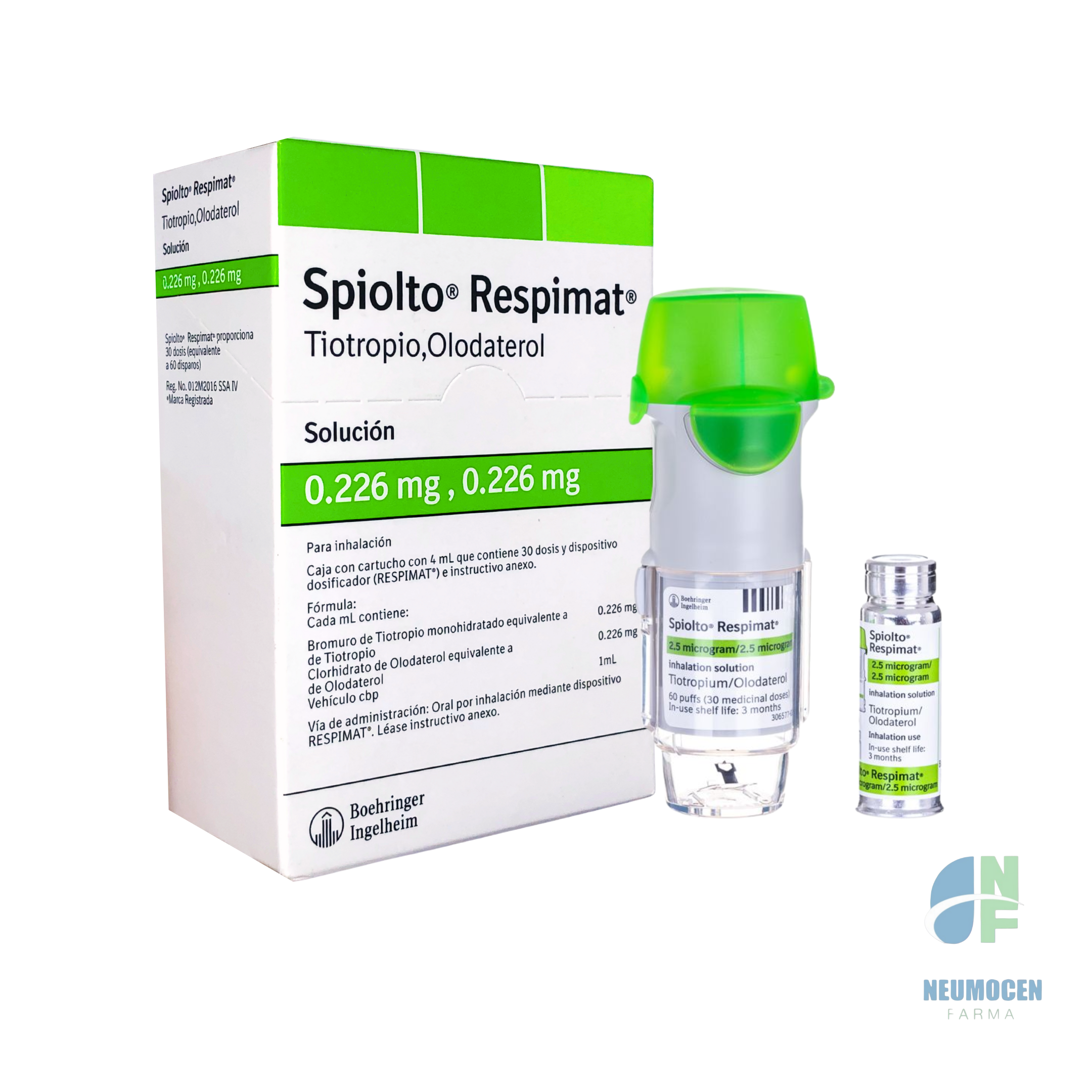 Caja con cartucho con 4 mL que contiene 30 dosis y dispositivo dosificador (Respimat*)