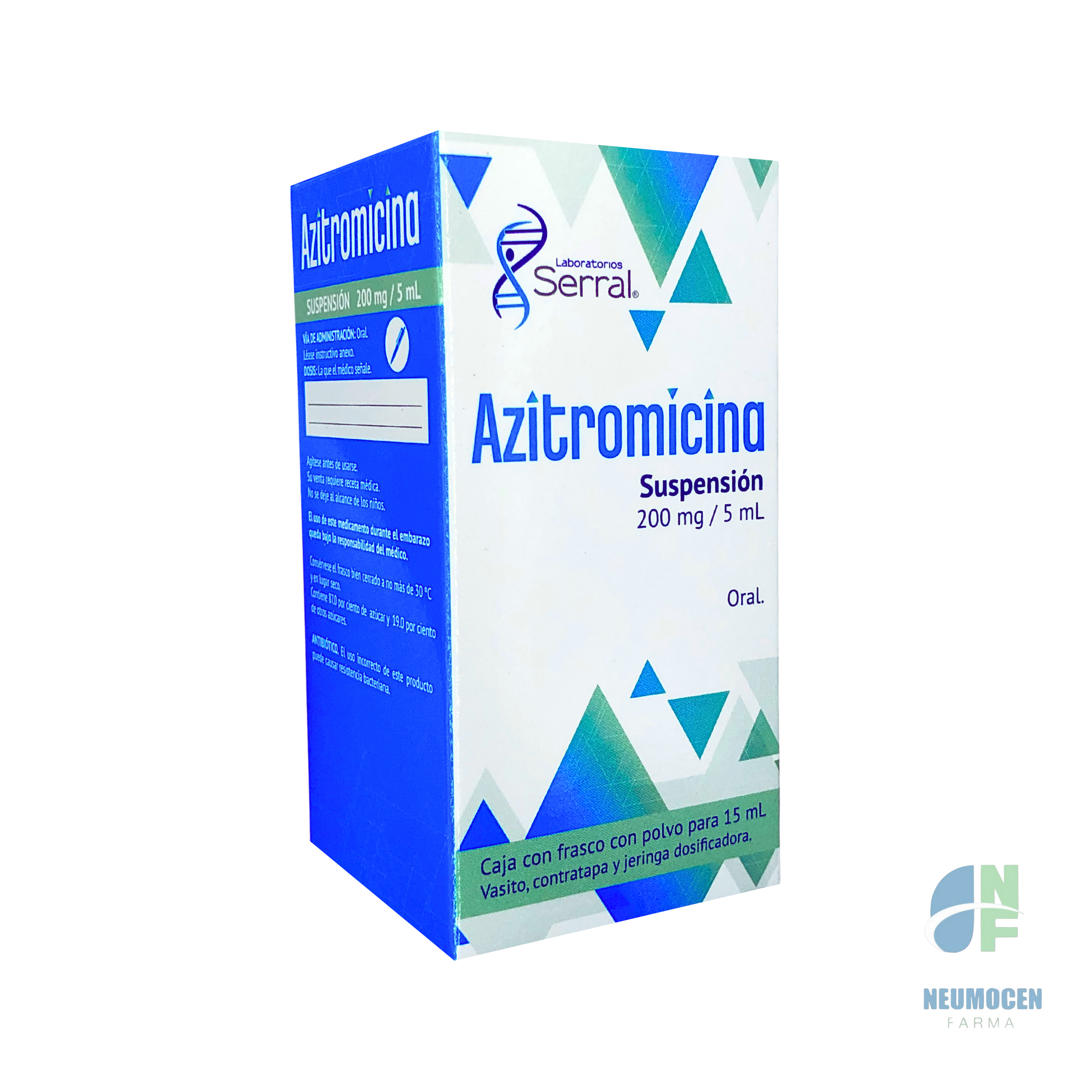 Caja con frasco con polvo para 15 ml y vaso, contratapa y jeringa dosificadora