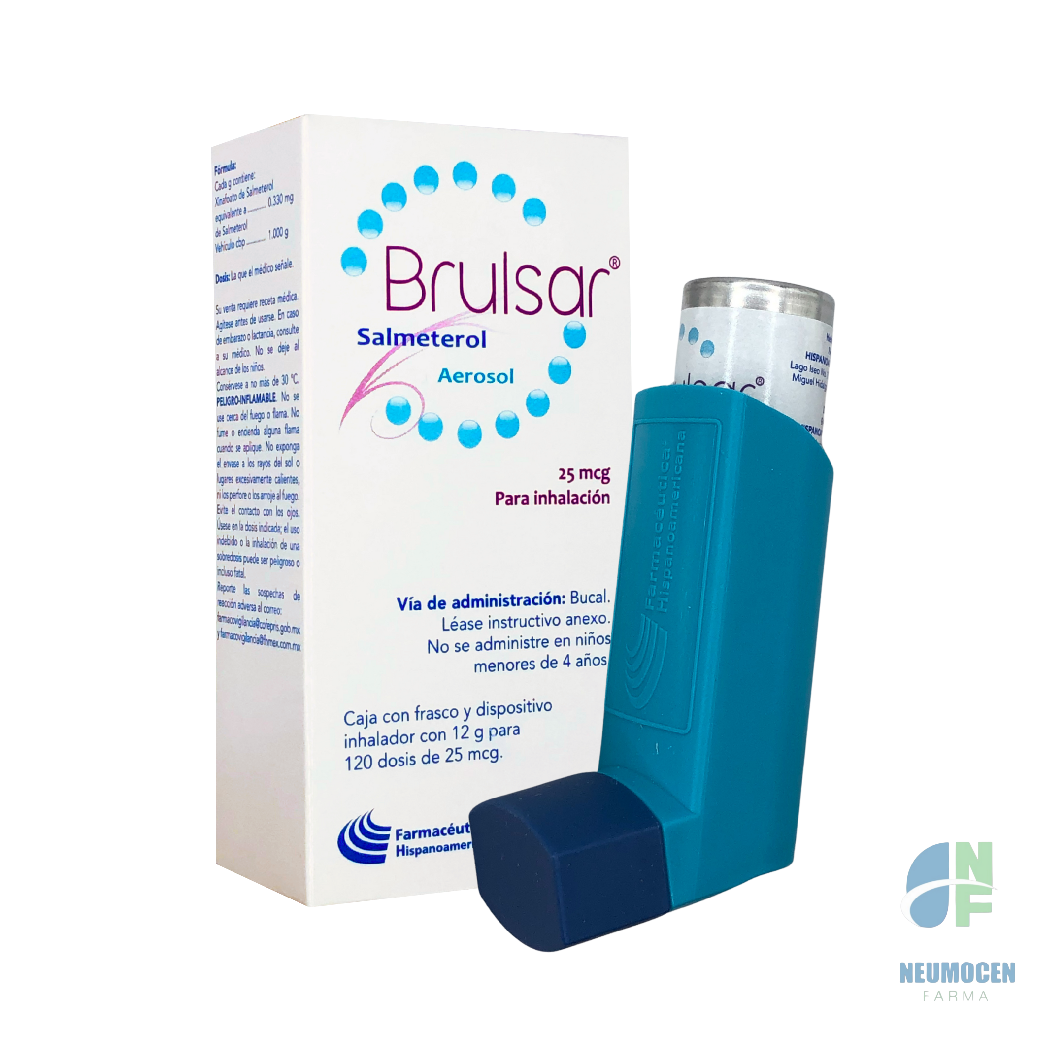 Caja con un frasco y dispositivo inhalador con 12 g para 120 dosis de 25 mcg