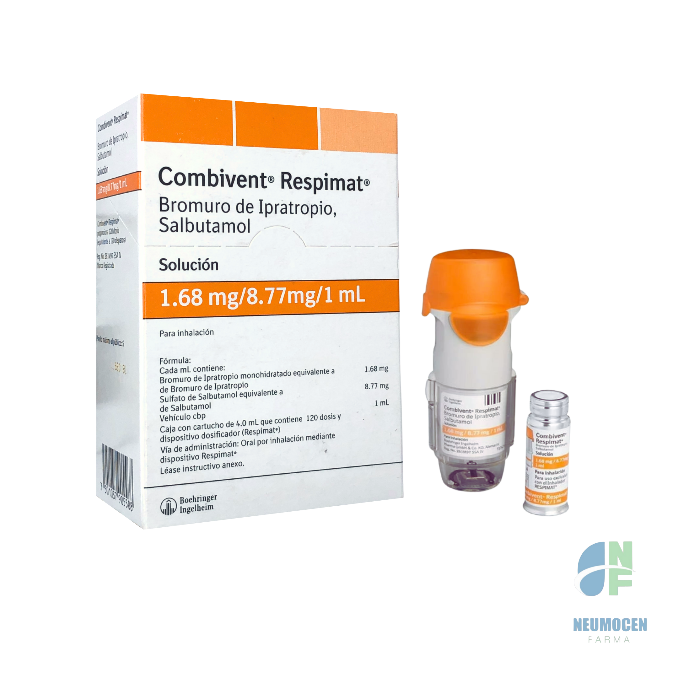 Caja con cartucho de 4.0 mL que contiene 120 dosis y dispositivo dosificador (Respimat*)