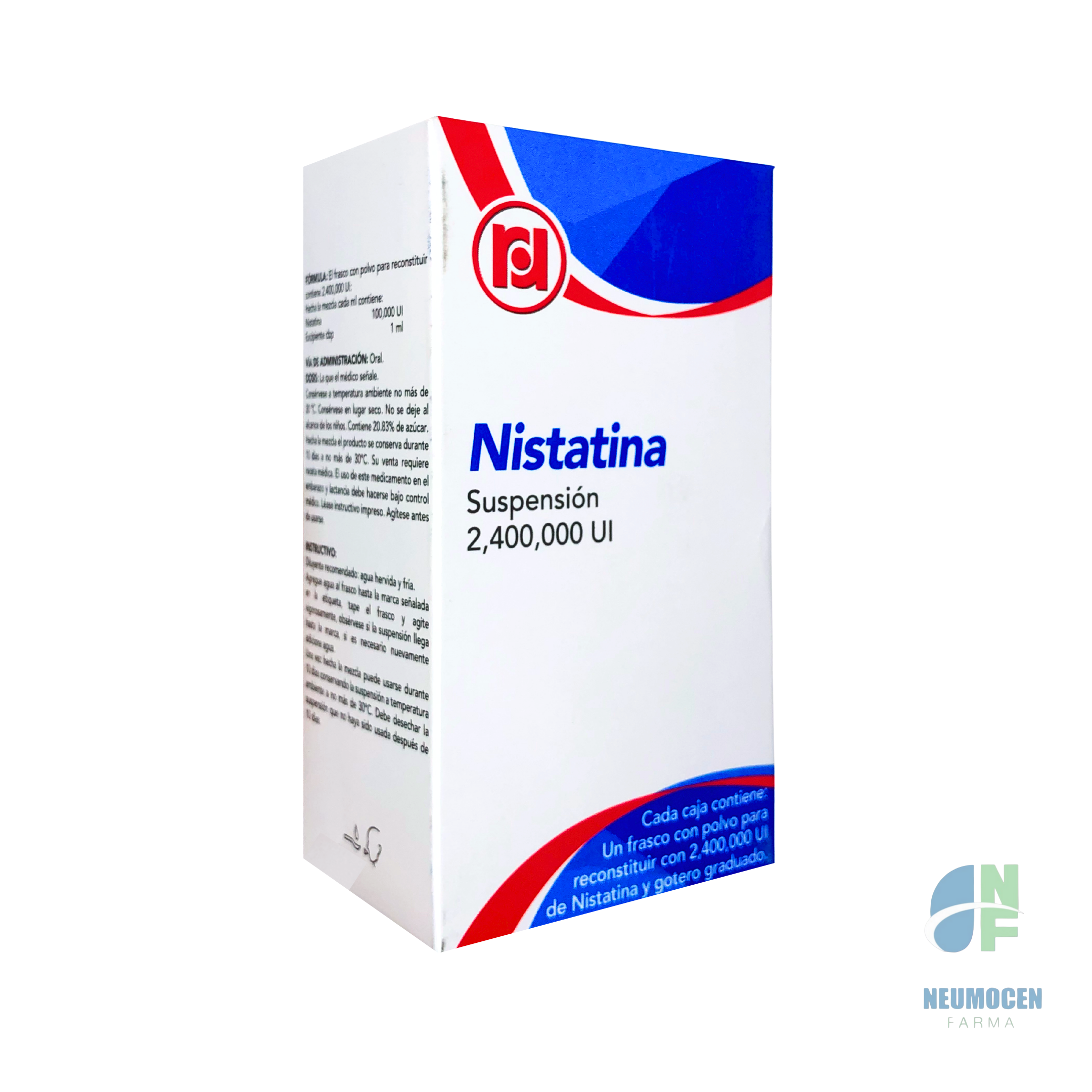 Caja con un frasco con polvo para reconstruir con 2,400,000 UI de Nistatina y gotero graduado