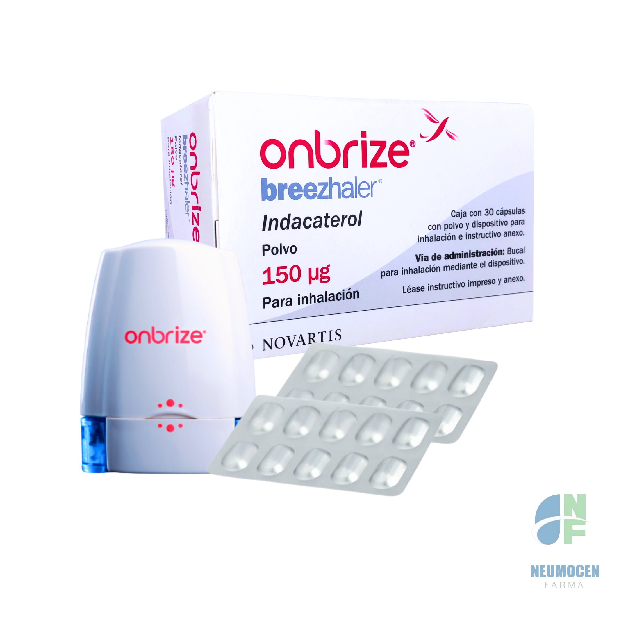 Caja con 30 cápsulas con polvo y dispositivo para inhalación e instructivo anexo