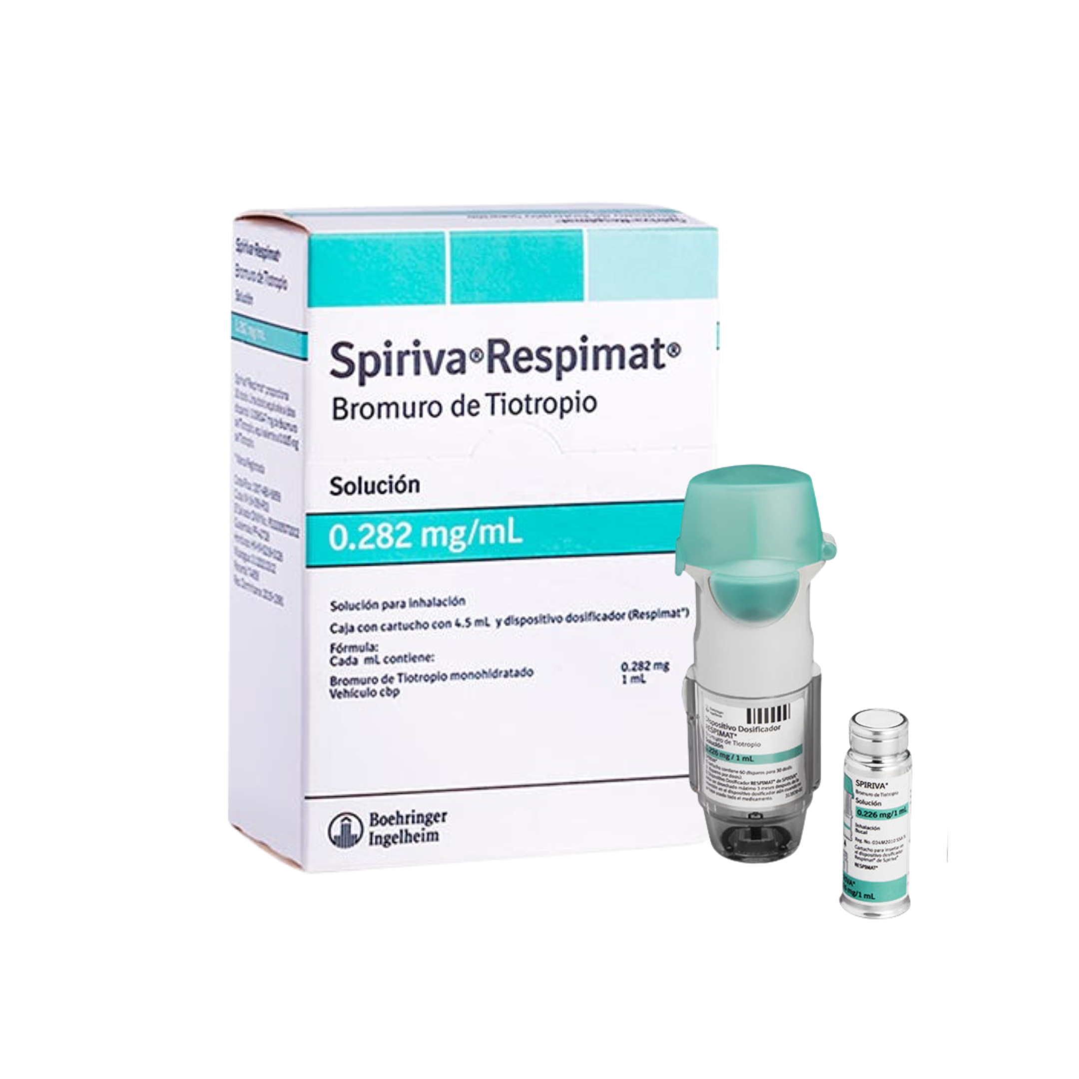 Caja con un cartucho con 4.5 ml y dispositivo dosificador (Respimat)*