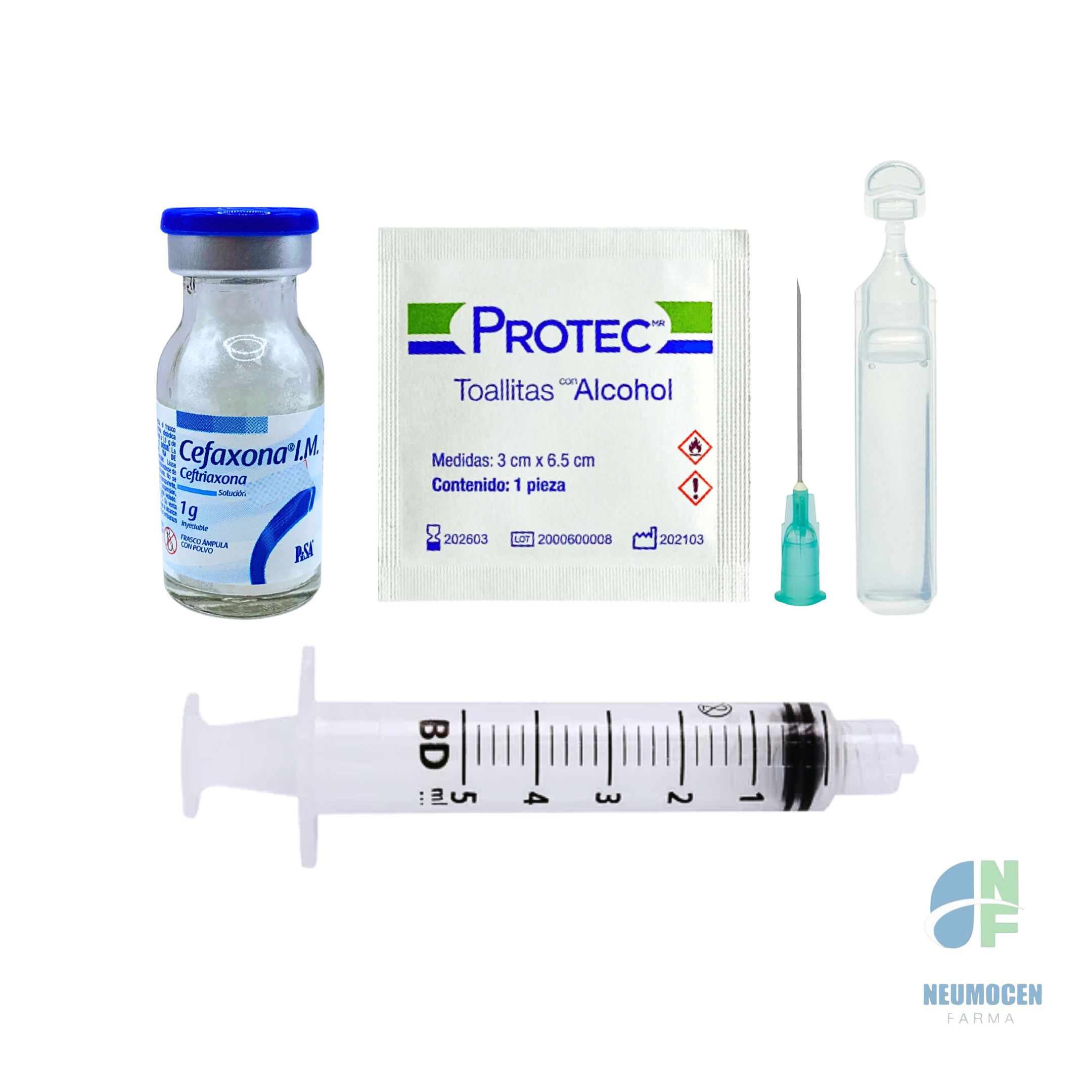 Caja con un frasco ámpula con polvo, ampolleta con 3.5 ml de diluyente, jeringa de 5 ml y almohadilla con alcohol