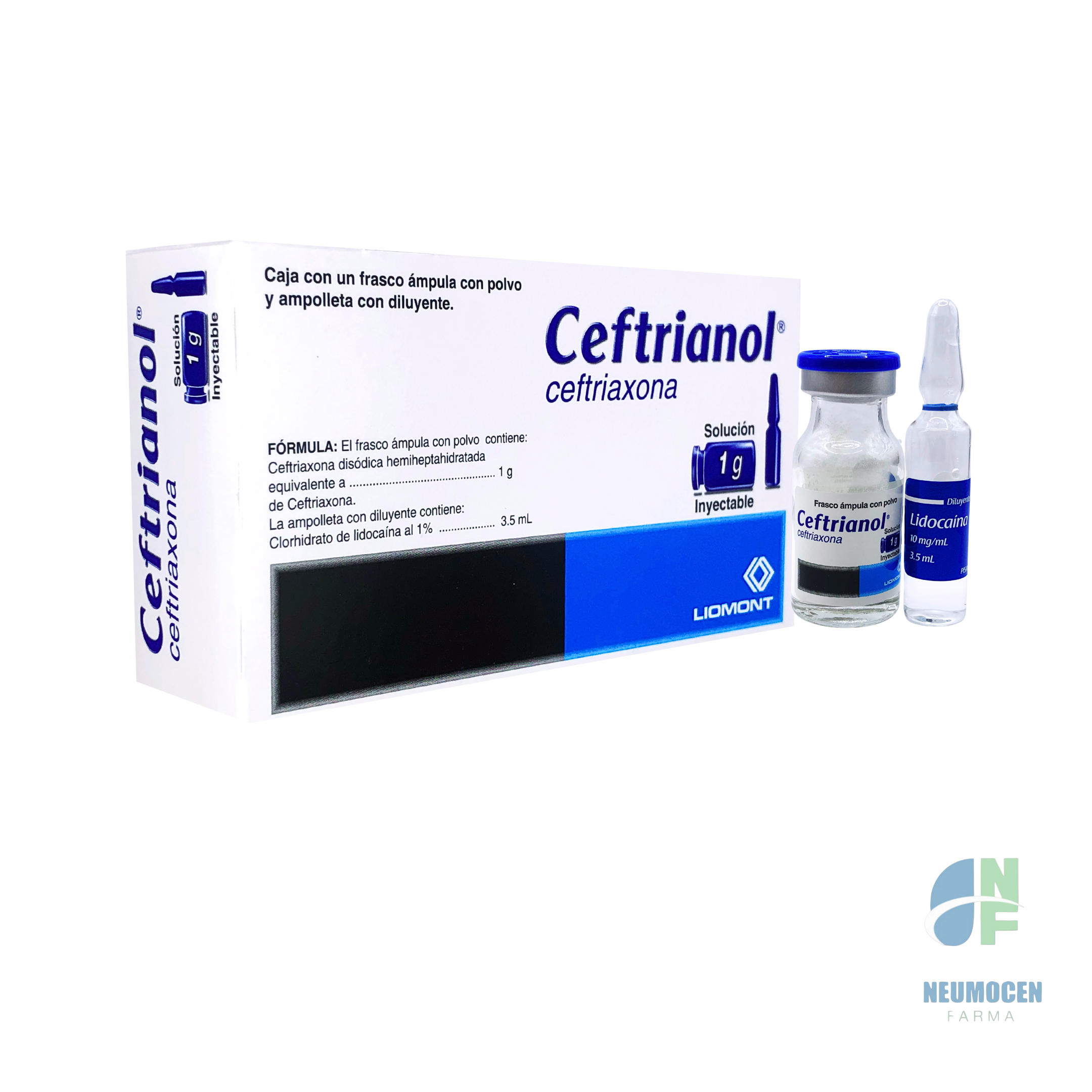 Caja con un frasco ámpula con polvo y ampolleta con diluyente