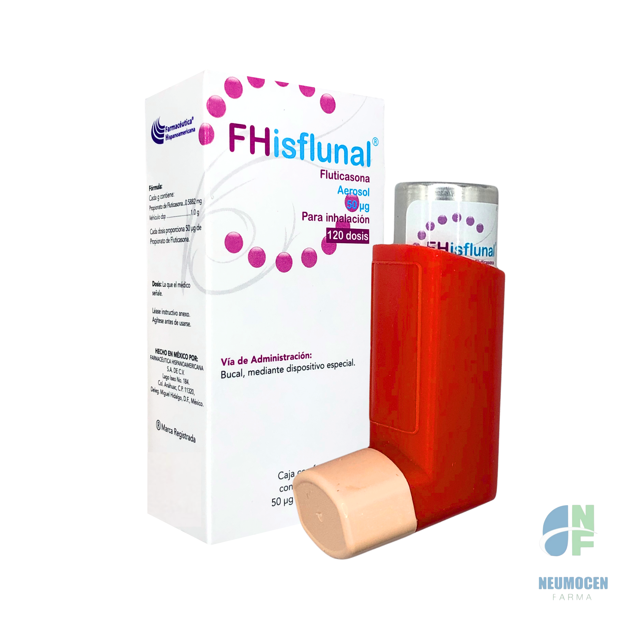 Caja con frasco con 10.2 g, contenido 120 dosis de 50 ug y dispositivo inhalador