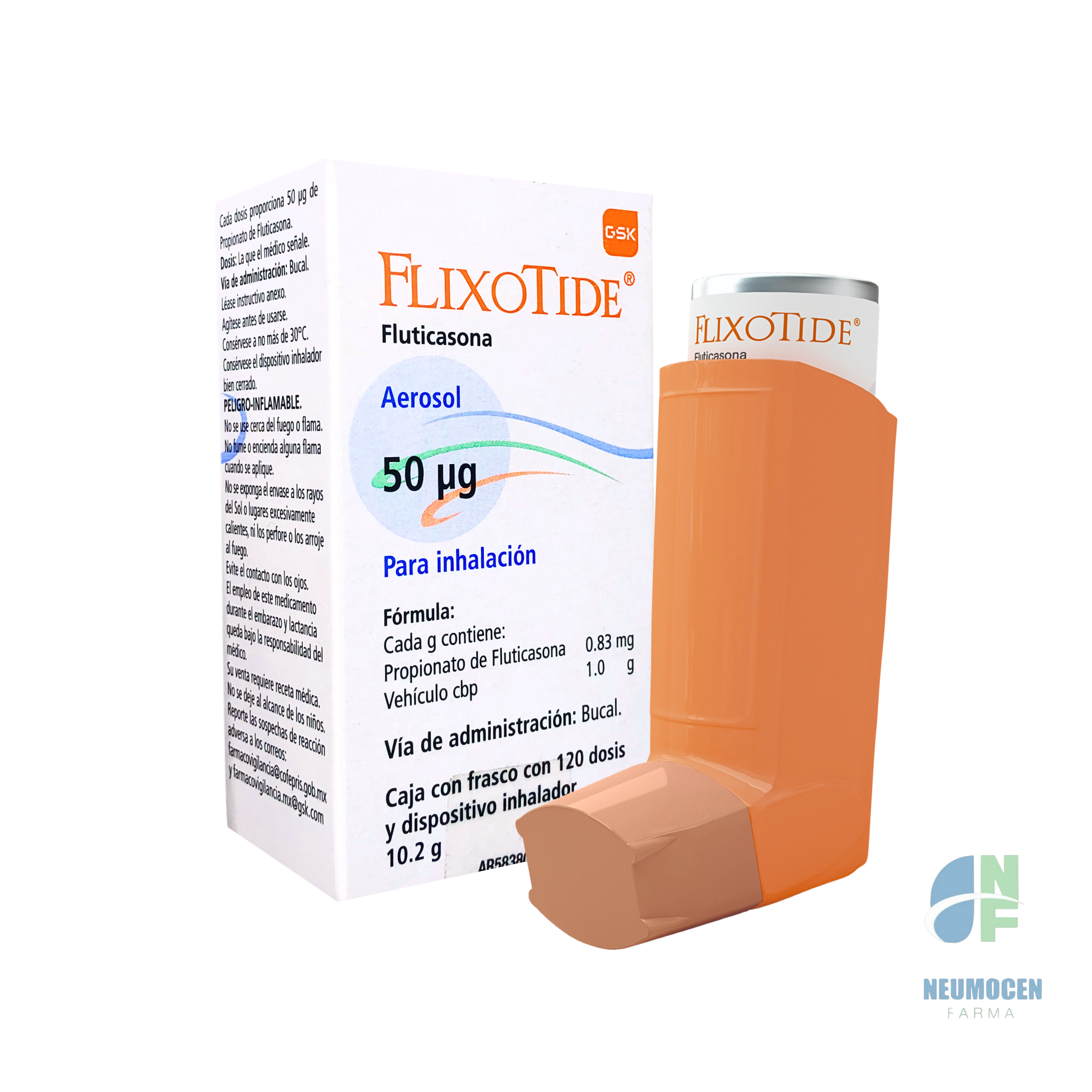Caja con un frasco con 120 dosis y dispositivo inhalador 10.2 g
