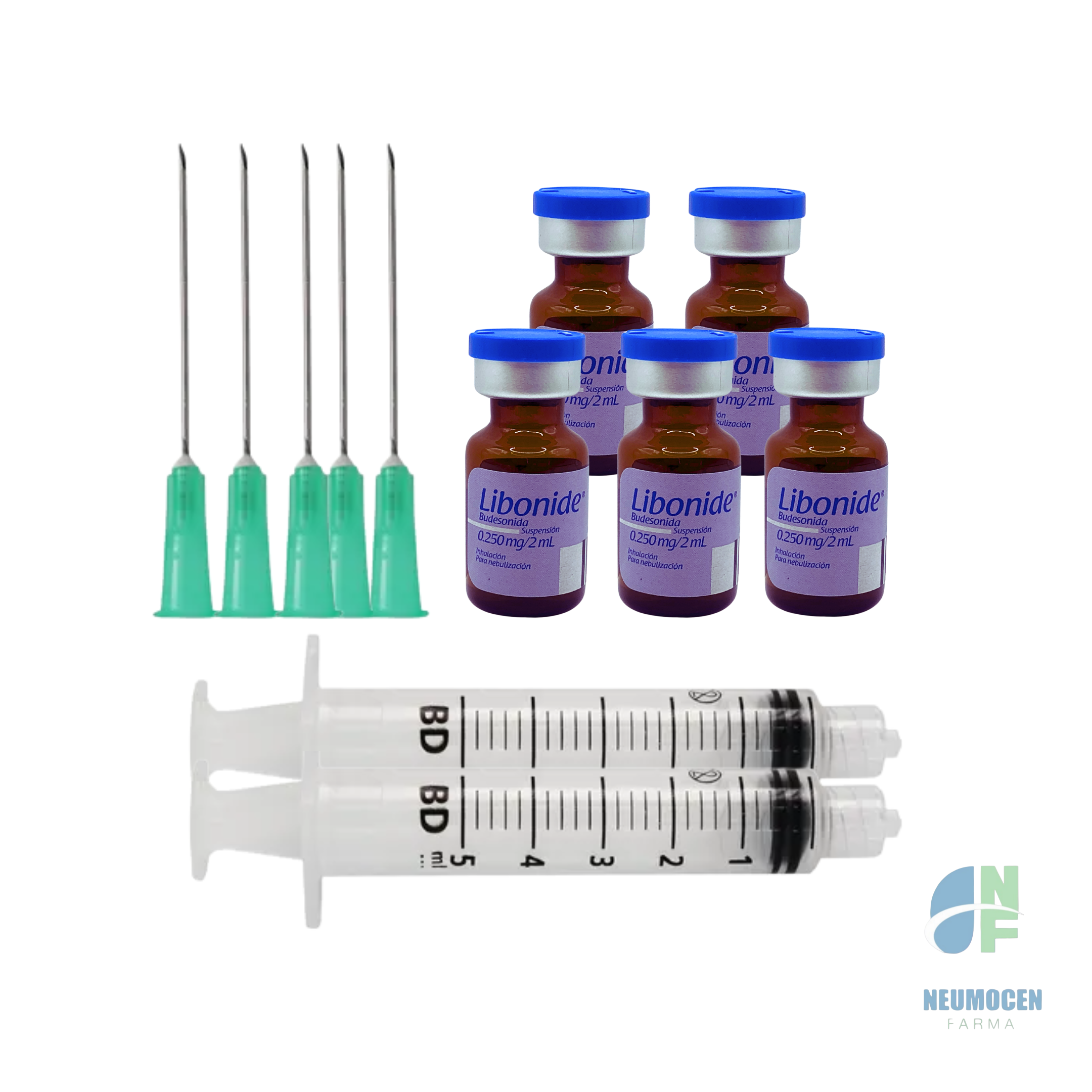 Caja con 5 frascos ámpula con 2 ml y 5 jeringas de 3 ml con agua