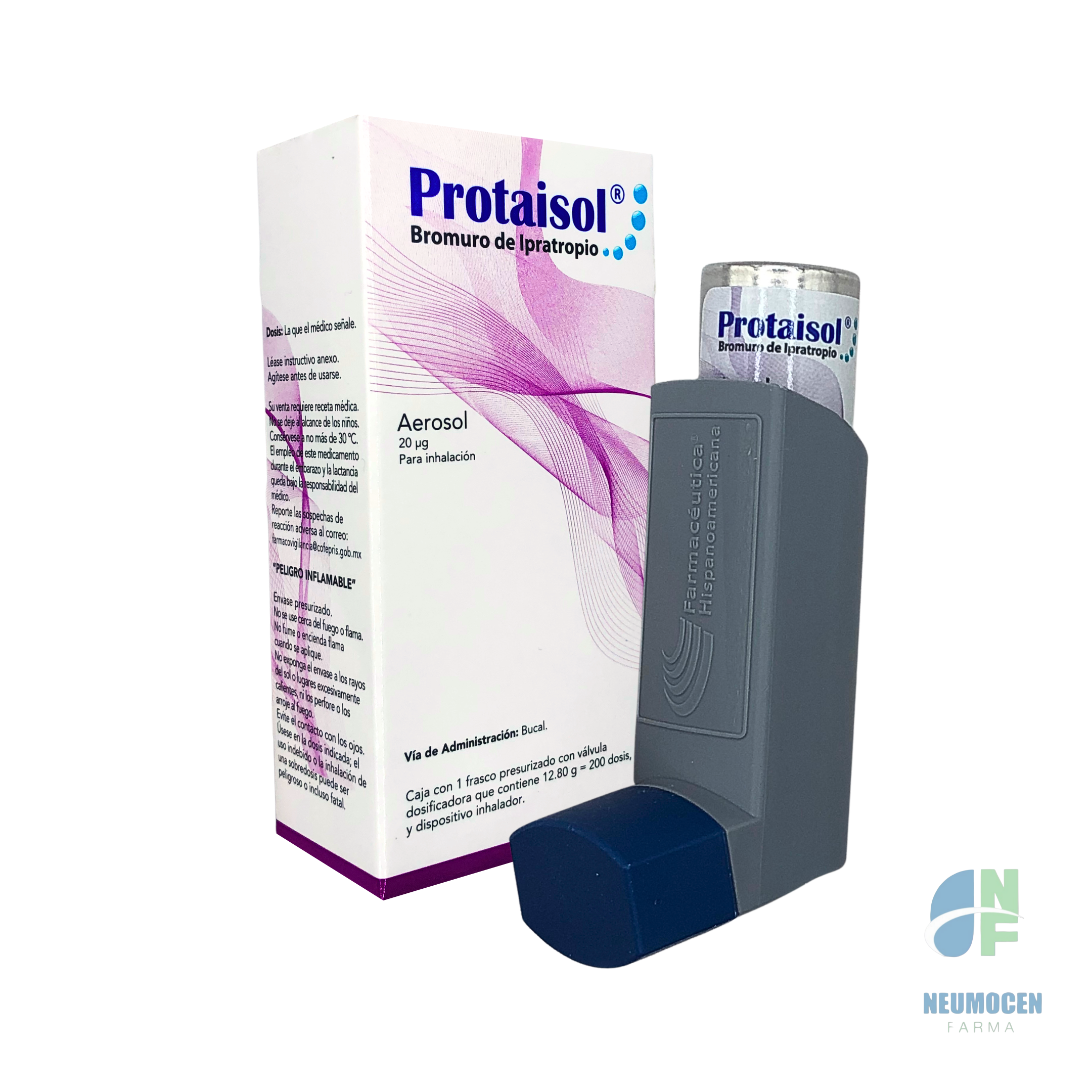 Caja con 1 frasco presurizado con válvula dosificadora que contiene 12.80 g = 200 dosis y dispositivo inhalador