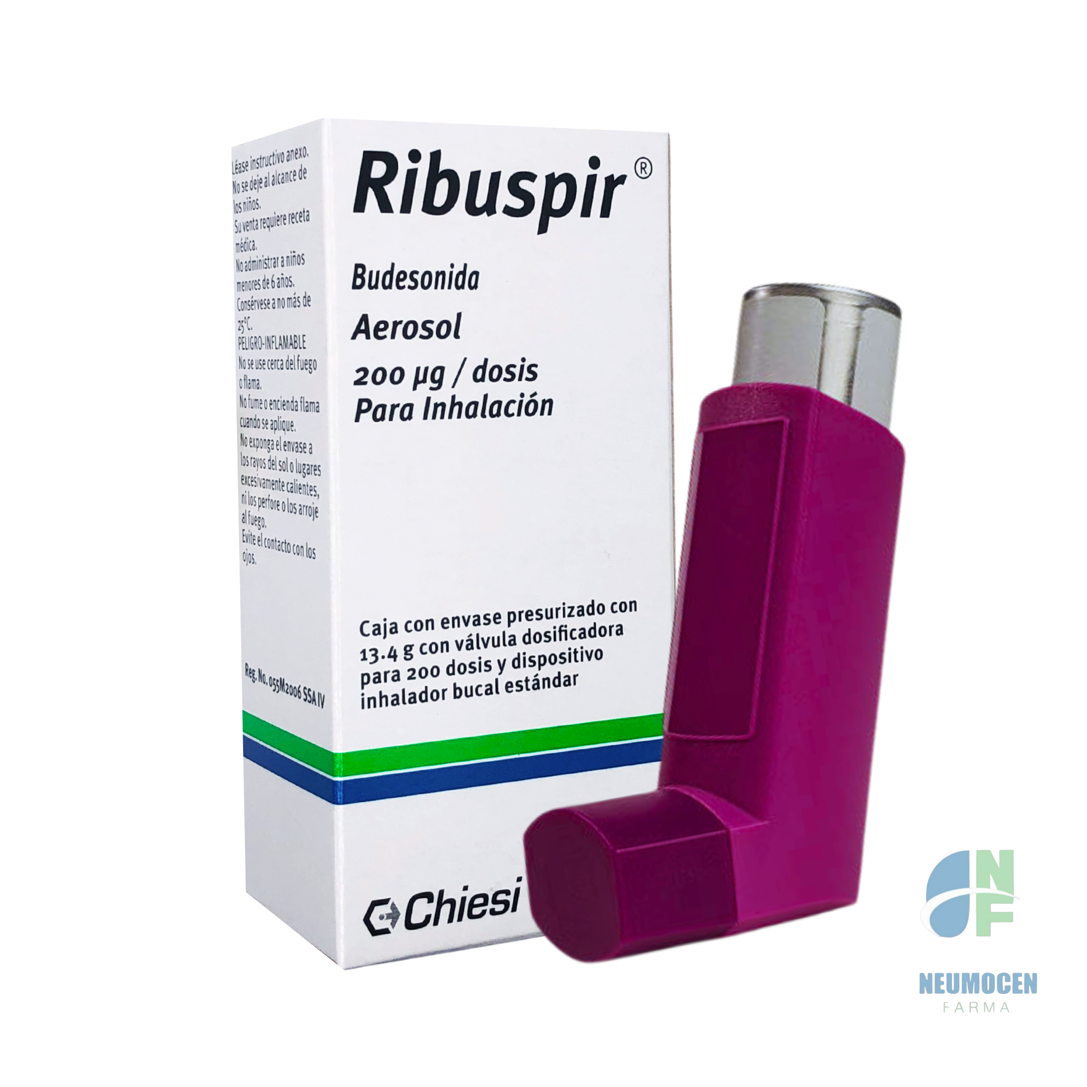 Caja con envase presurizado con 13.4 g con válvula dosificadora para 200 dosis y dispositivo inhalador bucal tipo estándar