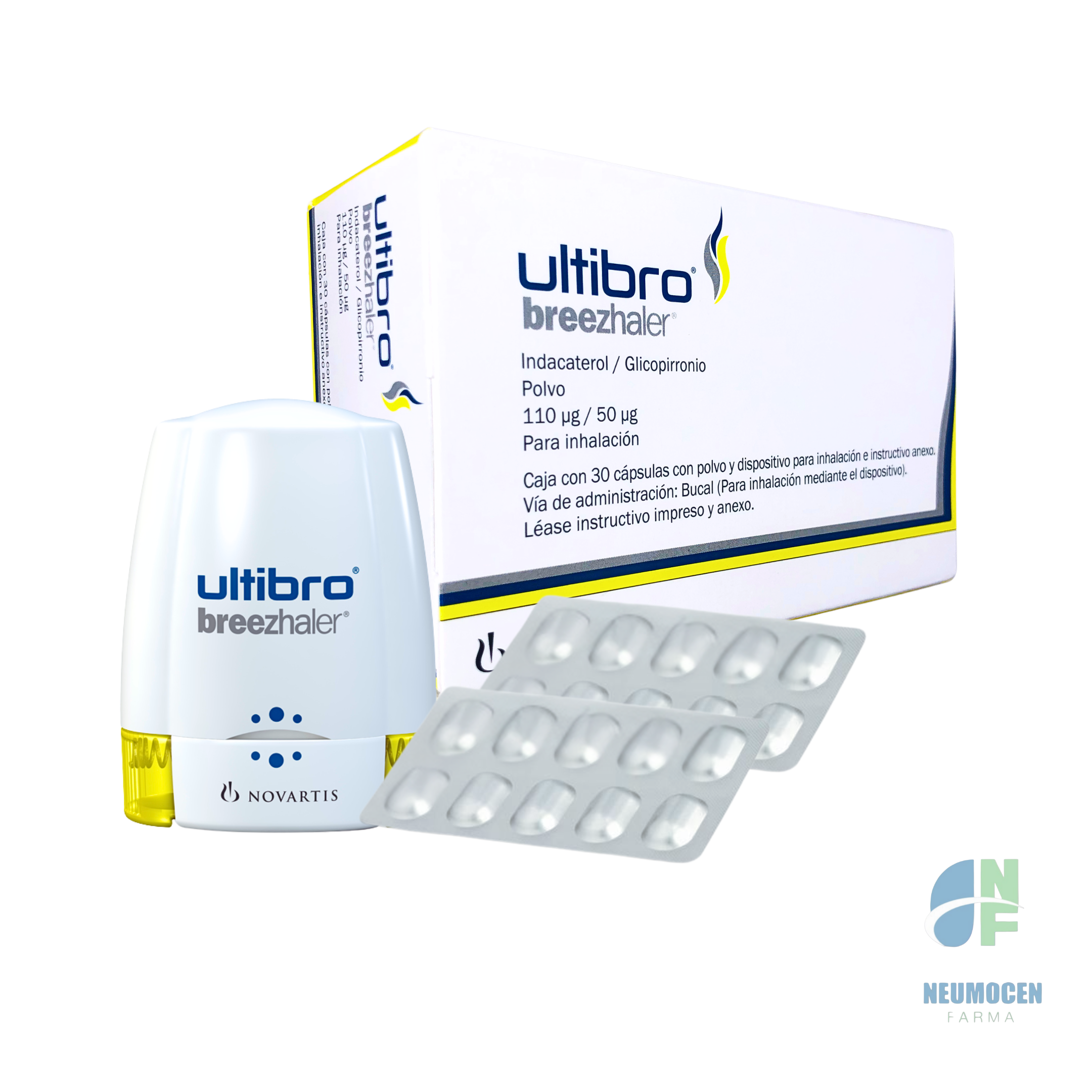 Caja con 30 cápsulas con polvo y dispositivo para inhalación e instructivo anexo.