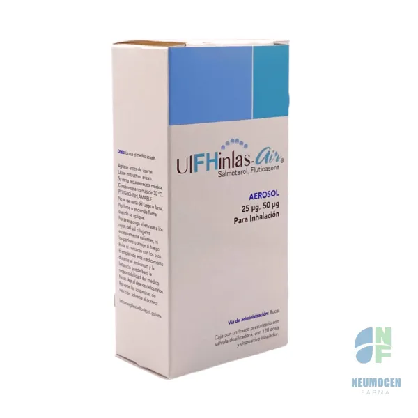 Caja con un frasco presurizado con válvula dosificadora con 120 dosis y dispositivo inhalador