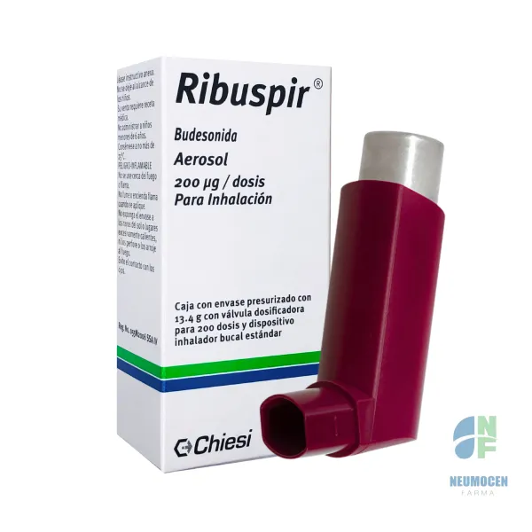 Caja con envase presurizado con 13.4 g con válvula dosificadora para 200 dosis y dispositivo inhalador bucal tipo estándar