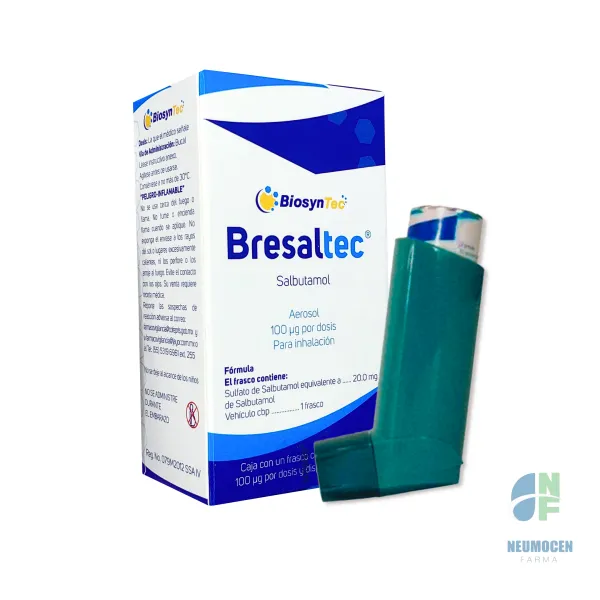 Caja con un frasco con 200 dosis de 100 ug por dosis y dispositivo inhalador
