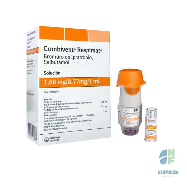 Caja con cartucho de 4.0 mL que contiene 120 dosis y dispositivo dosificador (Respimat*)