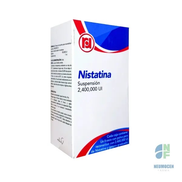 Caja con un frasco con polvo para reconstruir con 2,400,000 UI de Nistatina y gotero graduado