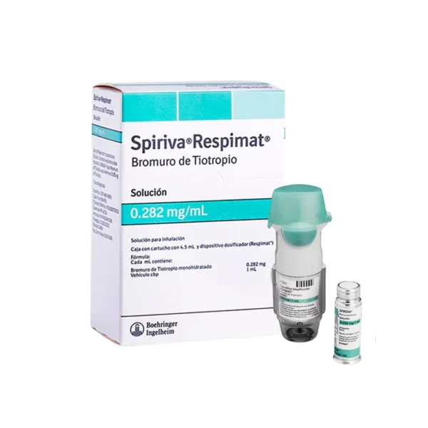 Caja con un cartucho con 4.5 ml y dispositivo dosificador (Respimat)*