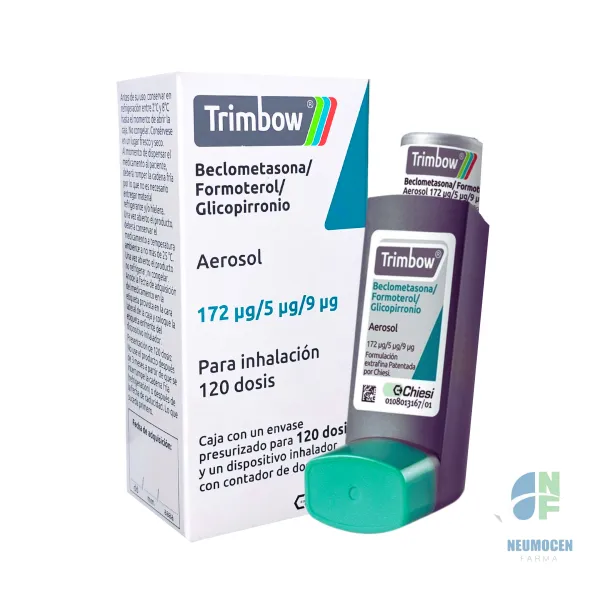Caja con un envase presurizado para 120 dosis y un dispositivo inhalador con contador de dosis