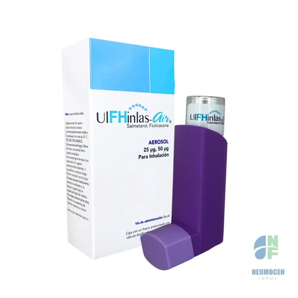 Caja con un frasco presurizado con válvula dosificadora con 120 dosis y dispositivo inhalador